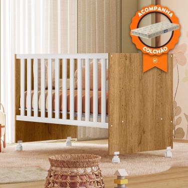 Imagem de Berço Infantil com Colchão Doce Sonho 3540 com Rodizios Freijó Branco Qmovi Probel