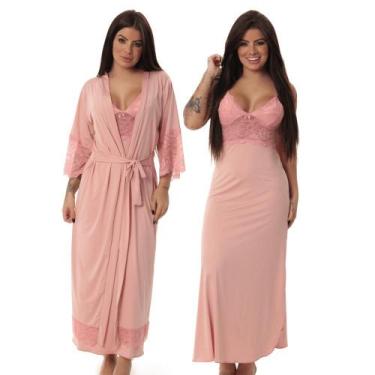 Imagem de Kit Robe Longo e Camisola Longa Sem Bojo em Microfibra e Renda - donna