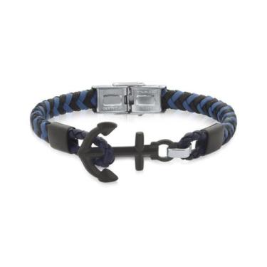 Imagem de Bracelete 20cm Couro Trançado Preto E Azul Detalhe Âncora - Rosso Desi