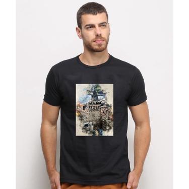 Imagem de Camiseta masculina Preta algodao Torre De Galata Istambul Aquarela