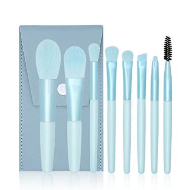 Imagem de Conjunto de pincéis de maquiagem portáteis de 8 peças, mini ferramentas de beleza para viagem, escova macia, alça de madeira, base para sobrancelha e blush (azul claro)
