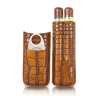 Imagem de Estojo de charuto de couro, suporte para charutos de 2 dedos com conjunto de cortador de aço inoxidável, caixa de charuto presente portátil, tamanho para camisa bolso de golfe viagem, marrom