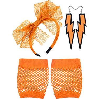 Imagem de Blulu Brincos de renda de neon dos anos 80, luvas arrastão sem dedos para festa dos anos 80, Laranja