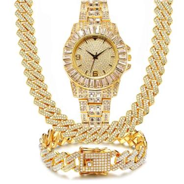 Imagem de NUAYA Conjunto de 3 peças de pulseira de relógio masculino de luxo com diamantes relógios banhados a ouro 18 k totalmente gelado strass quartzo analógico relógio de pulso conjunto de pulseira de aço inoxidável, Strass, Zircônia cúbica