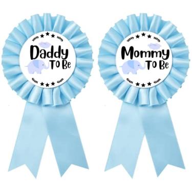 Imagem de HAPPYLAND Decorações de chá de bebê menino elefante azul bebê crachá de folha de flandres mamãe para ser e papai para ser chá de bebê