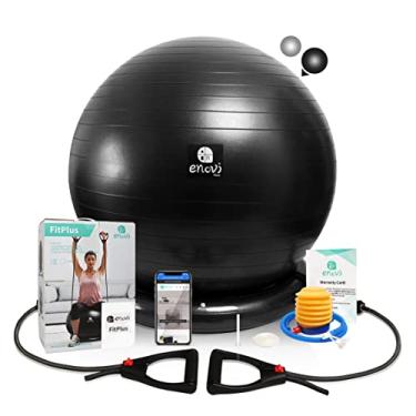 Imagem de Enovi Cadeira de bola Fit+ para exercícios, bola de ioga com faixas de resistência ajustáveis e base de suporte, conjunto de treino de academia em casa, bola de estabilidade e assento de bola de equilíbrio para aliviar a dor nas costas, 65 cm, BA