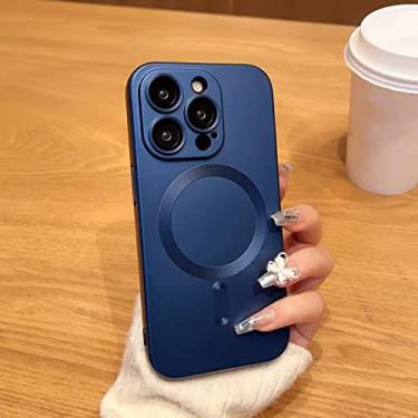 Imagem de Estojo de carregamento sem fio magnético fosco luxuoso para iPhone 14 13 12 11 Pro Max Protetor de lente de vidro Capa de silicone macio, azul, para iPhone 13