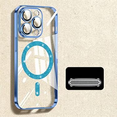 Imagem de FIRSTPELLA Compatível com capa para iPhone 13, capa magnética com glitter, capa de telefone transparente com revestimento luxuoso, compatível com MagSafe para mulheres e meninas com protetor de câmera e rede à prova de poeira - azul