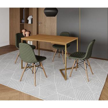 Imagem de Mesa Jantar Industrial com 4 Cadeiras Estofadas Verde Madeira Tampo Canela 120x75 Base V Aço Dourado
