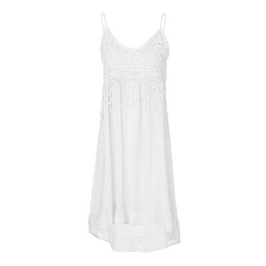 Imagem de Moda feminina sem mangas verão borla algodão moda vestido longo de algodão midi vestido para mulheres, Branco, M