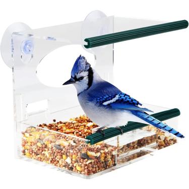Imagem de TEHAUX Window Bird Feeder with Suction Cups Transparent Large Bird Feeder Removable Tray with Drain Holes Super
