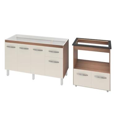 Imagem de Armário Gabinete pia de 140 cm Camile com Balcão Cooktop 5 Bocas e Forno Elétrico Elisa Savana frente Off-White