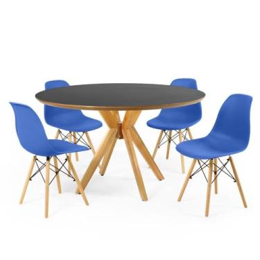 Imagem de Conjunto Mesa de Jantar Redonda Marci Premium Preta 120cm com 4 Cadeiras Eames Eiffel - Azul