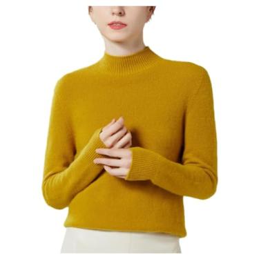 Imagem de Suéter feminino outono inverno tricotado de lã pulôver gola alta manga longa casual suéter, Amarelo mostarda, GG