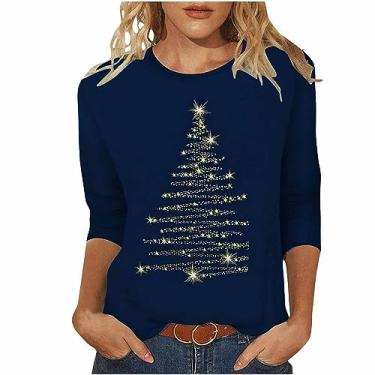 Imagem de Camiseta feminina de Natal multicolorida árvore de Natal blusa manga cotovelo camisas de férias para mulheres, Blusa com estampa de árvore de Natal azul-marinho, GG