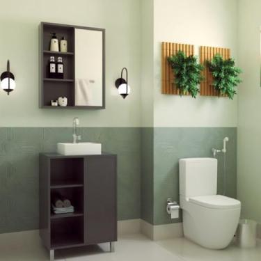 Imagem de Gabinete de Banheiro 60cm Julia com Balcão 1 Porta Correr e Espelheira com Cuba Branca Grafite