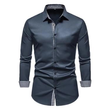 Imagem de Camisa xadrez masculina casual de manga comprida outono inverno adequada para todas as estações, Azul marinho, M