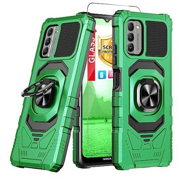 Imagem de TJS Capa compatível com Nokia G100 (N150DL)/Nokia C300 (N155DL), com protetor de tela de vidro temperado, anel de metal, suporte magnético, capa de telefone de proteção resistente (verde)