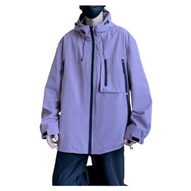 Imagem de Jaqueta masculina leve corta-vento Rip Stop cor sólida capa de chuva casaco com zíper bolsos jaqueta, Roxo, 4G