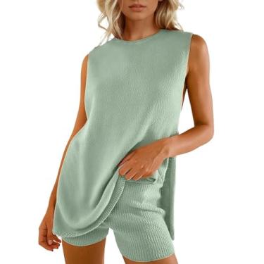 Imagem de Wyeysyt Conjunto de suéter feminino de verão sem mangas, túnica e shorts, conjunto de 2 peças, conjunto de férias na praia, Verde, G