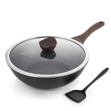 Imagem de Kordisen Wok antiaderente com tampa, frigideiras de 30 cm e frigideiras, revestimento de pedra de granito para cozinhar, panelas de indução, compatível com todos os fogões, sem PFOA
