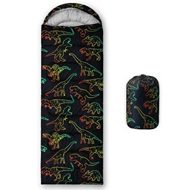 Imagem de QOOMO Sacos de dormir de acampamento impressos de dinossauro preto, 3 estações para clima quente e frio, sacos de dormir leves e impermeáveis para adultos e crianças, viagens e ao ar livre,