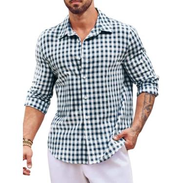 Imagem de Runcati Camisa masculina xadrez de manga comprida com colarinho de algodão casual verão praia, Azul marinho, XXG