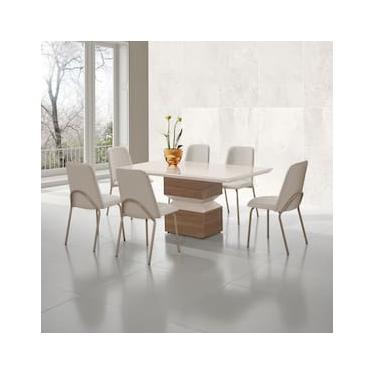 Imagem de Mesa de Jantar Retangular Aço Nobre Aurora com Tampo de Vidro e 6 Cadeiras Estofadas - Champagne e Off White