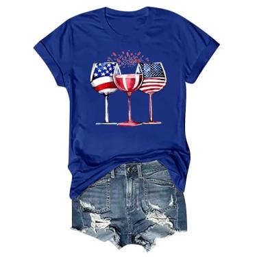 Imagem de Camisetas patrióticas femininas 4 de julho 2024 manga curta gola redonda bandeira dos EUA túnicas gráficas engraçadas taça de vinho, Z03 - azul, G