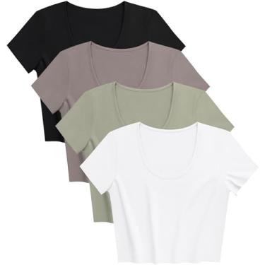 Imagem de Pacote com 4 camisetas femininas básicas de algodão slim manga curta gola redonda para mulheres, Preto, branco, verde-oliva, café, Large Short