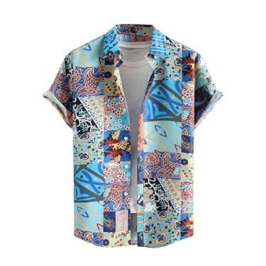 Imagem de GORGLITTER Camisetas masculinas havaianas engraçadas manga curta casual abotoada patchwork praia camisas, Multicor, M