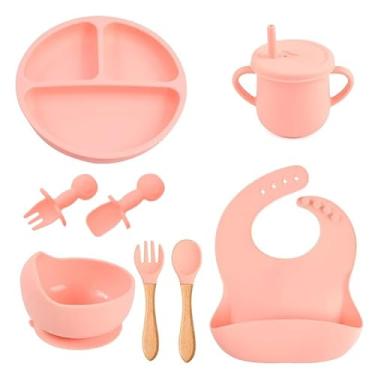 Imagem de Kit Introdução Alimentar Bebe 8 Peças Silicone Iniciação Para Alimentos Livre de BPA Atóxico Antibacteriano Seguro Sem Pontas Colher, garfo, copinho, pote e pratinho Criança 6 meses Rosa