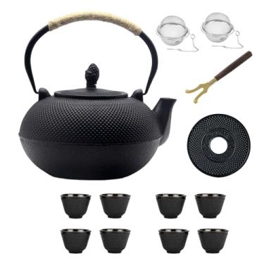 Imagem de Conjunto de chá de ferro fundido extra grande de 2,86 g Tetsubin japonês, chaleira preta com bolas de chá de aço inoxidável para folhas soltas, bule pesado para fogão, conjunto de bule de chá de 3000