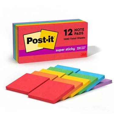 Imagem de Post-it Notas super adesivas, 7,6 x 7,6 cm, 12 blocos, 2x The Sticking Power, coleção primárias divertidas, cores primárias (vermelho, amarelo, verde, azul, roxo), reciclável (654-12SSAN)