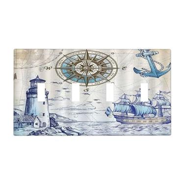 Imagem de Farol náutico à vela bússola mapa âncora mapa 4 interruptor de luz interruptor interruptor quádruplo placa de parede decorativa placa elétrica tamanho padrão para banheiros quarto cozinha decoração de