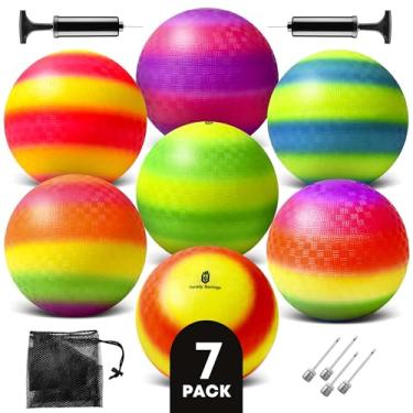Imagem de Conjunto de 7 bolas de brinquedo Rainbow Playground – bolas que balançam para crianças, idosos e adultos – bolas de borracha coloridas infláveis para exercícios de kickball, Dodgeball, Andebol e ambientes internos – Bolsa de armazenamento de malha, 2 bombas e 4 pinos