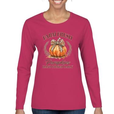 Imagem de Camiseta feminina manga longa Farm Fresh Pumpkins outono aconchegante estação milho labirinto festival dia de ação de graças peru outono bonito, Rosa choque, G