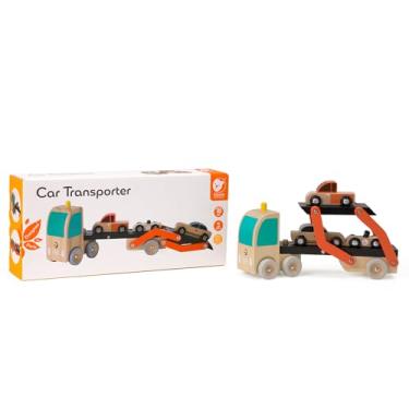 Imagem de Caminhão Cegonha de Madeira - Brinquedo Educativo de Madeira - Caminhão Cegonha com 3 Carros, Plataforma Elevatória, Brincadeira Segura e Durável, Estimula a Coordenação e a Imaginação