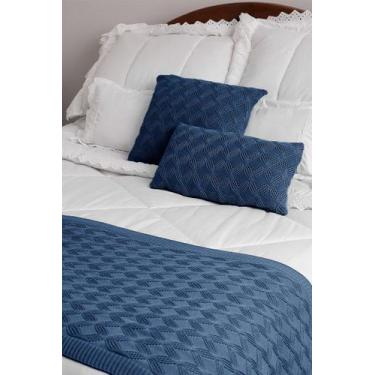 Imagem de Peseira Tricô Flor HomeBliss, Azul Escuro, Casal 180x70cms