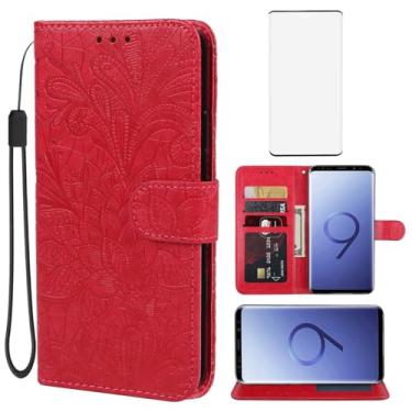Imagem de Gufuwo Capa para Galaxy S9+, capa carteira para Samsung S9 Plus SM-G965U com protetor de tela de vidro temperado, flor de renda, couro PU, flip com suporte para cartão de crédito, capa para celular