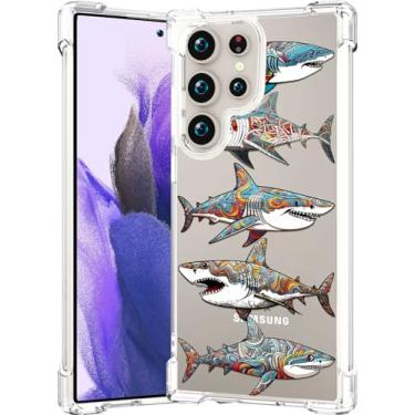 Imagem de CCFUNCASE Linda capa transparente para S24 Ultra para mulheres - capa de telefone robusta Funda capa protetora para compatível com Samsung Galaxy S24 Ultra (Tatuagem de tubarão peixe estilizado padrão