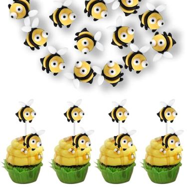 Imagem de 30 PCS Bumble Bee Cupcake Toppers Resin Little Figurine Bee Cupcake Picks Oh Babee Cake Decorations for Bee Theme Baby Shower Kids Boys Girls Birthday Party Decoration Supplies Black