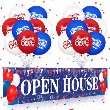 Imagem de Placas de casa aberta para imóveis 228 x 45 cm placa de quintal com 18 peças casa de látex de 30,5 cm para venda balões suprimentos de agente imobiliário para negócios externos (vermelho, azul,