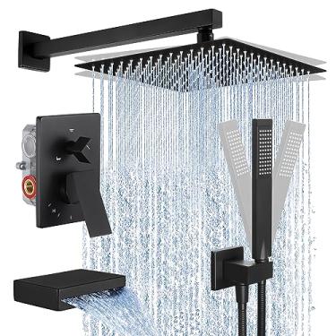 Imagem de KES Conjunto de Torneira de Chuveiro Preto Completo, Cabeça de Chuveiro de Chuva de 12" com Spray Portátil, Torneira de Banheira com Bico de Banheira em Cascata, Sistema de Chuveiro, Regaderas Moderna