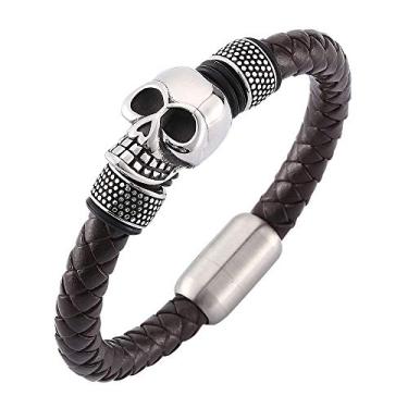 Imagem de CARICY Pulseira masculina de couro de caveira trançada de aço inoxidável com esqueleto para joias punk rock, 7.67 in, Aço inoxidável Couro, Zircônia cúbica