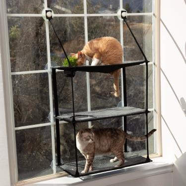 Imagem de K&H Pet Products EZ Mount Poleiro de janela para gatos 3 níveis peitoril de gatinho com estação de cultivo de grama de gato pilha tripla - cama de janela de rede de torre para ambientes internos,