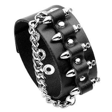 Imagem de Fusamk Pulseira Punk Rock Snap Pulseira de Corrente Bala Pulseira de Couro Larga, 7 5 inch, liga metálica, Sem pedras preciosas
