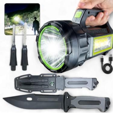 Imagem de Kit Sobrevivência com Lanterna 500m Alcance e Faca Tática Resistente, LED 100.000 lúmens, 7 modos, carregamento solar e USB, com pederneira e bússola integrada