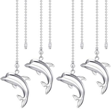 Imagem de 4 peças corrente de puxar bonito com conjunto de ventilador de teto com contas tema de praia golfinho prata cristal deslumbrante metal animal acrílico ajustável puxador de teto ornamento decorativo para crianças oceano litoral