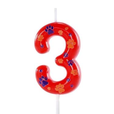 Imagem de Topo de bolo vermelho azul número 3 com tema de pata de cachorro, velas de aniversário de patrulha canina para crianças/bebês/crianças/meninos/meninas comemorando e decorando suprimentos de festa.